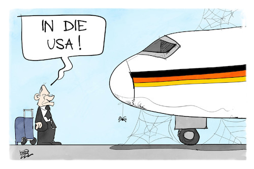 Cartoon: Scholz auf Reisen (medium) by Kostas Koufogiorgos tagged karikatur,koufogiorgos,illustration,cartoon,scholz,reise,usa,flugzeug,karikatur,koufogiorgos,illustration,cartoon,scholz,reise,usa,flugzeug