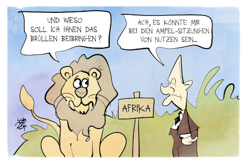 Cartoon: Scholz in Afrika (medium) by Kostas Koufogiorgos tagged karikatur,koufogiorgos,scholz,afrika,löwe,brüllen,ampel,scholz,afrika