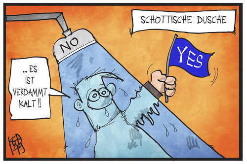 Cartoon: Schottische Dusche (medium) by Kostas Koufogiorgos tagged karikatur,koufogiorgos,illustration,cartoon,schottland,referendum,yes,no,unabhängigkeit,dusche,wechselbad,abstimmung,wahl,politik,uk,grossbritannien,karikatur,koufogiorgos,illustration,cartoon,schottland,referendum,yes,no,unabhängigkeit,dusche,wechselbad,abstimmung,wahl,politik,uk,grossbritannien