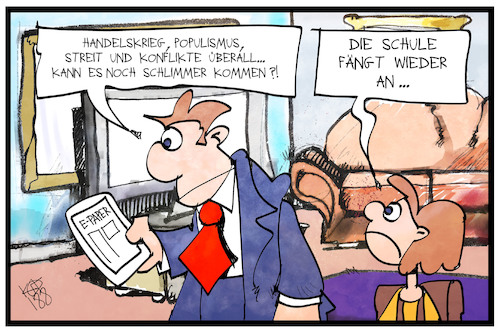 Cartoon: Schulanfang (medium) by Kostas Koufogiorgos tagged karikatur,koufogiorgos,illustration,cartoon,vater,tochter,kind,schülerin,familie,schule,nachrichten,bildung,wirtschaft,konflikte,karikatur,koufogiorgos,illustration,cartoon,vater,tochter,kind,schülerin,familie,schule,nachrichten,bildung,wirtschaft,konflikte