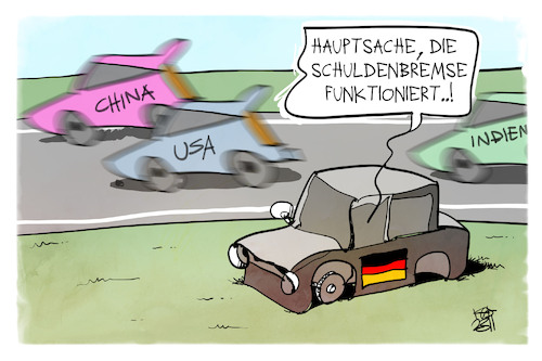 Cartoon: Schuldenbremse (medium) by Kostas Koufogiorgos tagged karikatur,koufogiorgos,schuldenbremse,auto,usa,china,indien,rennen,karikatur,koufogiorgos,schuldenbremse,auto,usa,china,indien,rennen