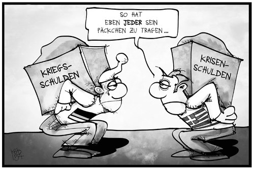 Cartoon: Schuldenlast (medium) by Kostas Koufogiorgos tagged karikatur,koufogiorgos,illustration,cartoon,schulden,last,deutschland,griechenland,michel,kriegschulden,reparationen,krise,wirtschaft,politik,päckchen,karikatur,koufogiorgos,illustration,cartoon,schulden,last,deutschland,griechenland,michel,kriegschulden,reparationen,krise,wirtschaft,politik,päckchen