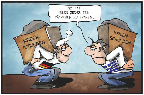 Cartoon: Schuldenlast (medium) by Kostas Koufogiorgos tagged karikatur,koufogiorgos,illustration,cartoon,schulden,last,deutschland,griechenland,michel,kriegschulden,reparationen,krise,wirtschaft,politik,päckchen,karikatur,koufogiorgos,illustration,cartoon,schulden,last,deutschland,griechenland,michel,kriegschulden,reparationen,krise,wirtschaft,politik,päckchen