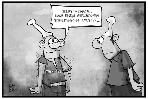 Cartoon: Schuldenschnitt (medium) by Kostas Koufogiorgos tagged karikatur,koufogiorgos,illustration,cartoon,griechenland,schuldenschnitt,schnittmuster,shirt,trottel,michel,politik,gläubiger,schulden,krise,karikatur,koufogiorgos,illustration,cartoon,griechenland,schuldenschnitt,schnittmuster,shirt,trottel,michel,politik,gläubiger,schulden,krise