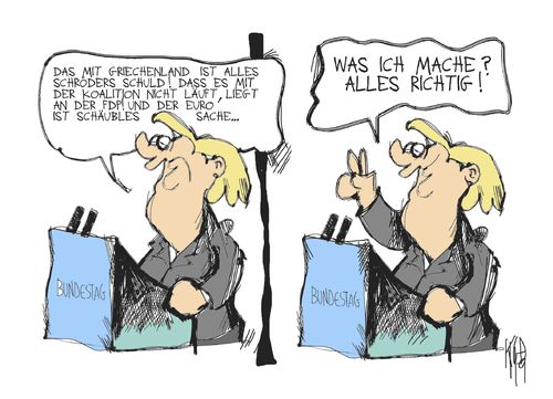 Cartoon: Schuldfragen (medium) by Kostas Koufogiorgos tagged merkel,bundestag,generaldebatte,schuldfrage,fdp,regierung,koalition