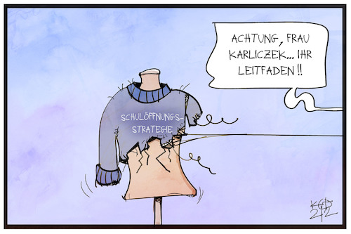 Cartoon: Schulöffnungsstrategie (medium) by Kostas Koufogiorgos tagged karikatur,koufogiorgos,illustration,cartoon,schulöffnung,strategie,leitfaden,karliczek,pullover,strick,aufribbeln,bildung,ministerin,pandemie,plan,konzept,karikatur,koufogiorgos,illustration,cartoon,schulöffnung,strategie,leitfaden,karliczek,pullover,strick,aufribbeln,bildung,ministerin,pandemie,plan,konzept