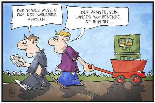 Cartoon: Schulzens Vatertag (medium) by Kostas Koufogiorgos tagged karikatur,koufogiorgos,illustration,cartoon,schulz,europa,aachen,karlspreis,vatertag,bollerwagen,bier,alkohol,wochenende,karikatur,koufogiorgos,illustration,cartoon,schulz,europa,aachen,karlspreis,vatertag,bollerwagen,bier,alkohol,wochenende