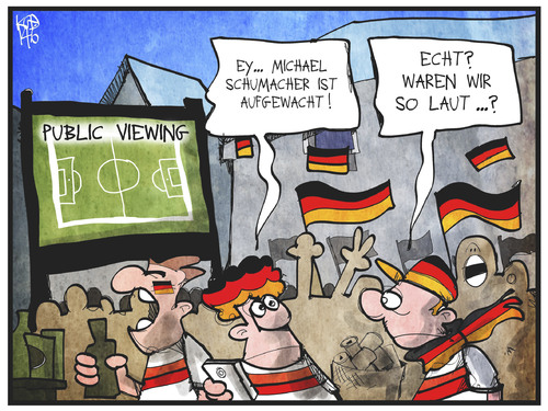 Cartoon: Schumacher und das PublicViewing (medium) by Kostas Koufogiorgos tagged karikatur,koufogiorgos,cartoon,illustration,schumacher,koma,aufwachen,public,viewing,feier,lautstärke,fussball,sport,fan,wm,weltmeisterschaft,karikatur,koufogiorgos,cartoon,illustration,schumacher,koma,aufwachen,public,viewing,feier,lautstärke,fussball,sport,fan,wm,weltmeisterschaft