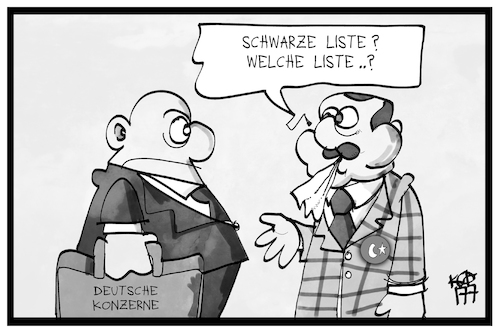 Cartoon: Schwarze Liste (medium) by Kostas Koufogiorgos tagged karikatur,koufogiorgos,illustration,cartoon,liste,erdogan,tuerkei,wirtschaft,konzern,deutschland,unternehmen,karikatur,koufogiorgos,illustration,cartoon,liste,erdogan,tuerkei,wirtschaft,konzern,deutschland,unternehmen