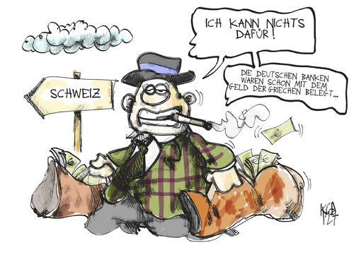 Cartoon: Schwarzgeld (medium) by Kostas Koufogiorgos tagged credit,suisse,schwarzgeld,steuern,flucht,schweiz,geld,fiskus,bank,karikatur,kostas,koufogiorgos,schweiz,steuern,flucht,schwarzgeld,fiskus