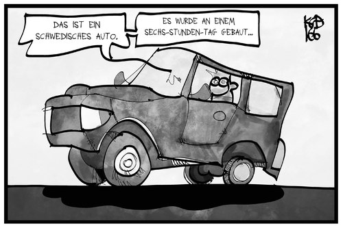 Cartoon: Schwedische Arbeitszeit (medium) by Kostas Koufogiorgos tagged karikatur,koufogiorgos,illustration,cartoon,schweden,auto,arbeitszeit,reform,wirtschaft,karikatur,koufogiorgos,illustration,cartoon,schweden,auto,arbeitszeit,reform,wirtschaft