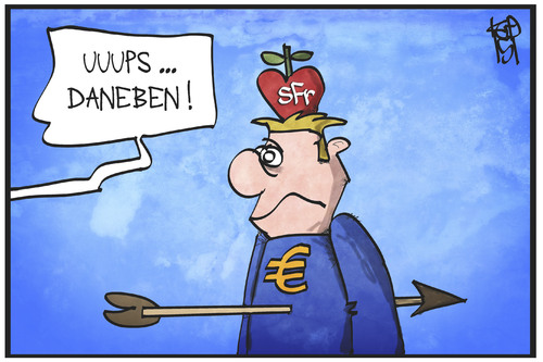 Cartoon: Schweizer Franken und Euro (medium) by Kostas Koufogiorgos tagged cartoon,illustration,koufogiorgos,karikatur,franken,euro,währung,schweiz,europa,wilhelm,tell,pfeil,treffer,ziel,wirtschaft,apfel,cartoon,illustration,koufogiorgos,karikatur,franken,euro,währung,schweiz,europa,wilhelm,tell,pfeil,treffer,ziel,wirtschaft,apfel