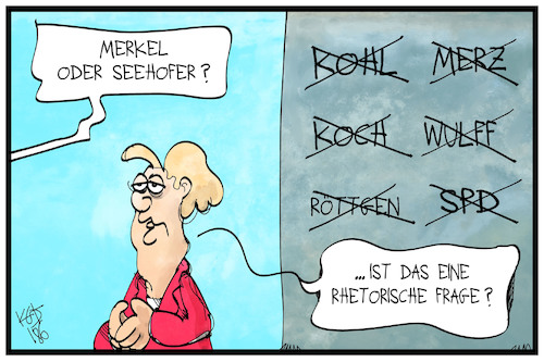 Cartoon: Seehofer oder Merkel? (medium) by Kostas Koufogiorgos tagged karikatur,koufogiorgos,illustration,cartoon,seehofer,merkel,frage,rhetorik,streichliste,politik,karikatur,koufogiorgos,illustration,cartoon,seehofer,merkel,frage,rhetorik,streichliste,politik