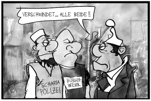 Cartoon: Selbstjustiz (medium) by Kostas Koufogiorgos tagged karikatur,koufogiorgos,illustration,cartoon,bürgerwehr,scharia,polizei,michel,selbstjustiz,sicherheit,extremismus,karikatur,koufogiorgos,illustration,cartoon,bürgerwehr,scharia,polizei,michel,selbstjustiz,sicherheit,extremismus