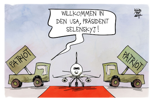 Cartoon: Selenskyj in den USA (medium) by Kostas Koufogiorgos tagged karikatur,koufogiorgos,selenskyj,flugzeug,flughafen,patriot,rakete,waffen,spalier,karikatur,koufogiorgos,selenskyj,flugzeug,flughafen,patriot,rakete,waffen,spalier