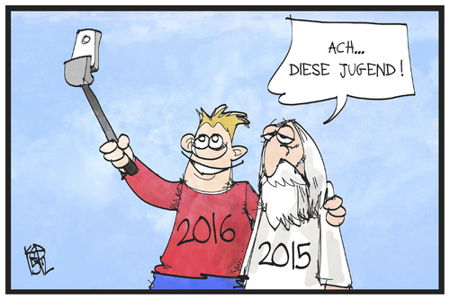 Cartoon: Selfie mit 2016 (medium) by Kostas Koufogiorgos tagged karikatur,koufogiorgos,illustration,cartoon,2016,silvester,neujahr,2015,jugend,alter,selfie,trend,karikatur,koufogiorgos,illustration,cartoon,2016,silvester,neujahr,2015,jugend,alter,selfie,trend