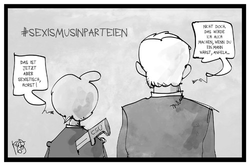 Cartoon: Sexismus-Debatte (medium) by Kostas Koufogiorgos tagged karikatur,koufogiorgos,illustration,cartoon,sexismus,partei,merkel,seehofer,debatte,mann,frau,angriff,dolch,brutusmord,cdu,csu,streit,karikatur,koufogiorgos,illustration,cartoon,sexismus,partei,merkel,seehofer,debatte,mann,frau,angriff,dolch,brutusmord,cdu,csu,streit