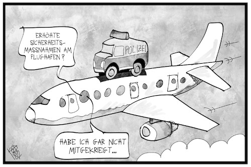 Cartoon: Sicherheit am Flughafen (medium) by Kostas Koufogiorgos tagged karikatur,koufogiorgos,illustration,cartoon,flughafen,sicherheit,polizei,kontrolle,alarmstufe,terrorgefahr,reise,tourismus,karikatur,koufogiorgos,illustration,cartoon,flughafen,sicherheit,polizei,kontrolle,alarmstufe,terrorgefahr,reise,tourismus