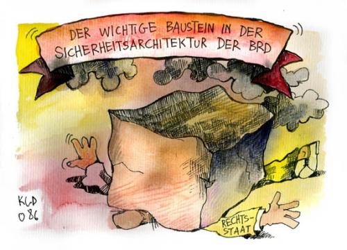 Cartoon: Sicherheitsarchitektur (medium) by Kostas Koufogiorgos tagged schäuble,datenschutz,bka,gesetz,cdu,spd,kostas,koufogiorgos,wolfgang,schäuble,wolfgang schäuble,rechtsstaat,überwachungsstaat,grundgesetze,stein,broken,fels,datenschutz,bka,gesetz,cdu,spd,plätten,transparenz,computer,internet,trojaner,terrorismus,telekom,datenklau,datenraub