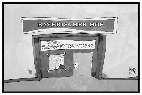 Cartoon: Sicherheitskonferenz (medium) by Kostas Koufogiorgos tagged karikatur,koufogiorgos,illustration,cartoon,sicherheitskonferenz,münchen,bayerischer,hof,rätsel,usa,trump,treffen,karikatur,koufogiorgos,illustration,cartoon,sicherheitskonferenz,münchen,bayerischer,hof,rätsel,usa,trump,treffen