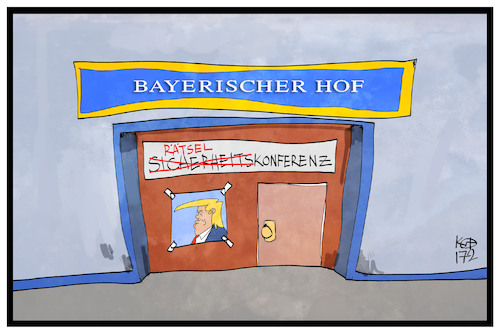 Cartoon: Sicherheitskonferenz (medium) by Kostas Koufogiorgos tagged karikatur,koufogiorgos,illustration,cartoon,sicherheitskonferenz,münchen,bayerischer,hof,rätsel,usa,trump,treffen,karikatur,koufogiorgos,illustration,cartoon,sicherheitskonferenz,münchen,bayerischer,hof,rätsel,usa,trump,treffen