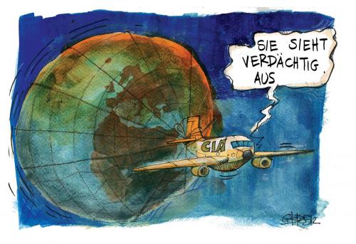 Cartoon: Sie sieht verdächtig aus... (medium) by Kostas Koufogiorgos tagged cia,geheimdienst,cia,geheimdienst,diuskussion,geheim,flüge,globus,verheimlichen,geheimnis,verschleierung,welt,terrorismus,geld,spenden,verdacht,unterstüzung