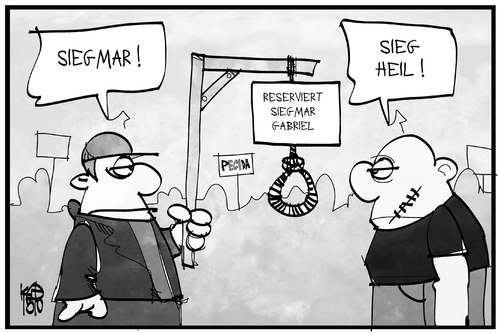 Cartoon: Sieg mar! (medium) by Kostas Koufogiorgos tagged karikatur,koufogiorgos,illustration,cartoon,sigmar,gabriel,galgen,neonazi,pegida,rechtspopulismus,rechtsextremismus,demonstration,islamkritisch,heil,karikatur,koufogiorgos,illustration,cartoon,sigmar,gabriel,galgen,neonazi,pegida,rechtspopulismus,rechtsextremismus,demonstration,islamkritisch,heil