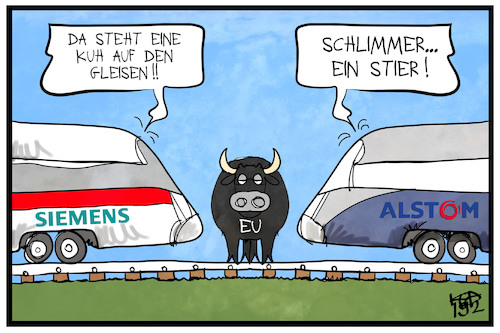 Cartoon: Siemens-Alstom (medium) by Kostas Koufogiorgos tagged karikatur,koufogiorgos,illustration,cartoon,siemens,alstom,zug,eu,kuh,gleis,stier,kartell,wirtschaft,verkehr,karikatur,koufogiorgos,illustration,cartoon,siemens,alstom,zug,eu,kuh,gleis,stier,kartell,wirtschaft,verkehr