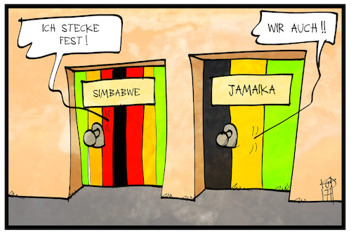 Cartoon: Simbabwe und Jamaika (medium) by Kostas Koufogiorgos tagged karikatur,koufogiorgos,illustration,cartoon,simbabwe,jamaika,falle,sondierung,politik,mugabe,parteien,demokratie,putsch,karikatur,koufogiorgos,illustration,cartoon,simbabwe,jamaika,falle,sondierung,politik,mugabe,parteien,demokratie,putsch