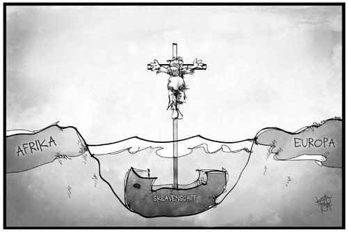 Cartoon: Sklaverei (medium) by Kostas Koufogiorgos tagged karikatur,koufogiorgos,illustration,cartoon,menschenhandel,schmuggel,schleuser,mittelmeer,flüchtlinge,skrupellosigkeit,kreuzigung,mast,schiff,afrika,europa,karikatur,koufogiorgos,illustration,cartoon,menschenhandel,schmuggel,schleuser,mittelmeer,flüchtlinge,skrupellosigkeit,kreuzigung,mast,schiff,afrika,europa