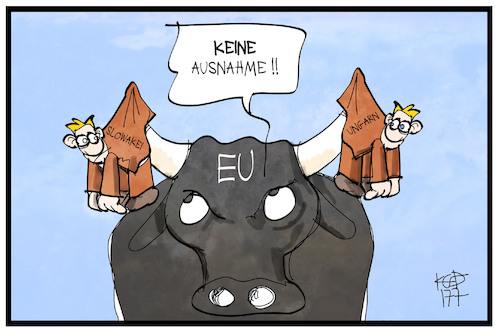 Cartoon: Slowakei und Ungarn (medium) by Kostas Koufogiorgos tagged karikatur,koufogiorgos,illustration,cartoon,slowakei,ungarn,stier,europa,eu,flüchtlingsquote,urteil,eugh,flüchtlingskrise,karikatur,koufogiorgos,illustration,cartoon,slowakei,ungarn,stier,europa,eu,flüchtlingsquote,urteil,eugh,flüchtlingskrise