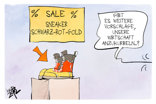 Cartoon: Sneakers schwarz-rot-gold (medium) by Kostas Koufogiorgos tagged karikatur,koufogiorgos,sneaker,deutschland,wirtschaft,karikatur,koufogiorgos,sneaker,deutschland,wirtschaft