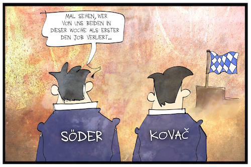 Cartoon: Söder und Kovac (medium) by Kostas Koufogiorgos tagged karikatur,koufogiorgos,illustration,cartoon,bayern,münchen,fussball,trainer,söder,wahl,sport,politik,job,landtagswahl,karikatur,koufogiorgos,illustration,cartoon,bayern,münchen,fussball,trainer,söder,wahl,sport,politik,job,landtagswahl