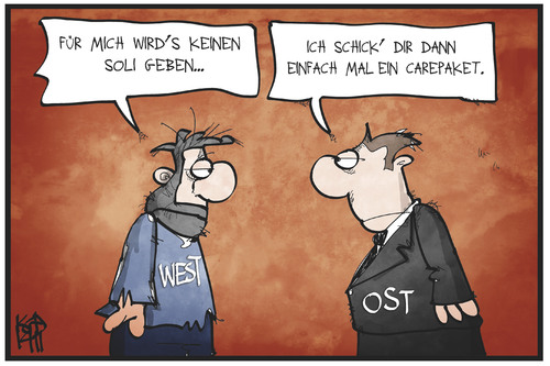 Cartoon: Soli West (medium) by Kostas Koufogiorgos tagged karikatur,koufogiorgos,illustration,cartoon,ost,west,soli,solidaritätszuschlag,hilfspaket,unterstützung,arm,reich,deutschland,karikatur,koufogiorgos,illustration,cartoon,ost,west,soli,solidaritätszuschlag,hilfspaket,unterstützung,arm,reich,deutschland