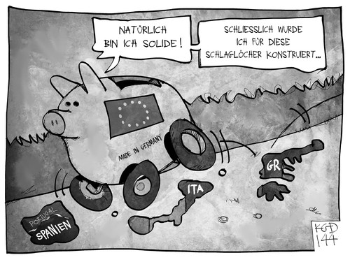 Cartoon: Solide EU-Staatsfinanzen (medium) by Kostas Koufogiorgos tagged koufogiorgos,karikatur,cartoon,illustration,eu,europa,solide,staatsfinanzen,geld,haushalt,schlagloch,sparschwein,strasse,euro,krise,schulden,politik,wirtschaft,karikatur,koufogiorgos,cartoon,illustration,eu,europa,solide,staatsfinanzen,geld,haushalt,schlagloch,sparschwein,strasse,euro,krise,schulden,politik,wirtschaft