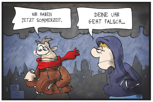 Cartoon: Sommerzeit (medium) by Kostas Koufogiorgos tagged karikatur,koufogiorgos,illustration,cartoon,sommerzeit,wetter,uhr,zeitumstellung,regen,klima,karikatur,koufogiorgos,illustration,cartoon,sommerzeit,wetter,uhr,zeitumstellung,regen,klima