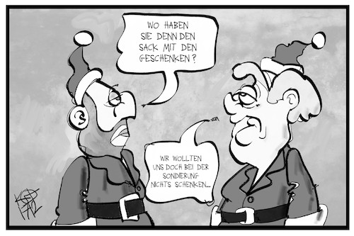 Cartoon: Sondierung (medium) by Kostas Koufogiorgos tagged karikatur,koufogiorgos,illustration,cartoon,geschenke,schenken,merkel,schulz,sondierung,groko,spd,union,weihnachten,weihnachtsmann,karikatur,koufogiorgos,illustration,cartoon,geschenke,schenken,merkel,schulz,sondierung,groko,spd,union,weihnachten,weihnachtsmann