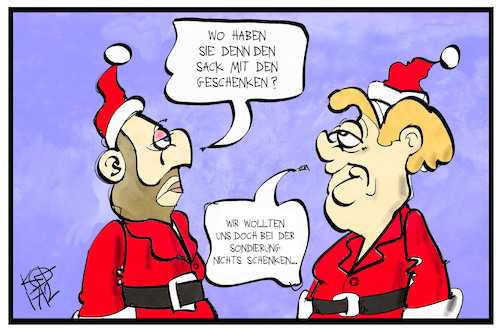 Cartoon: Sondierung (medium) by Kostas Koufogiorgos tagged karikatur,koufogiorgos,illustration,cartoon,geschenke,schenken,merkel,schulz,sondierung,groko,spd,union,weihnachten,weihnachtsmann,karikatur,koufogiorgos,illustration,cartoon,geschenke,schenken,merkel,schulz,sondierung,groko,spd,union,weihnachten,weihnachtsmann