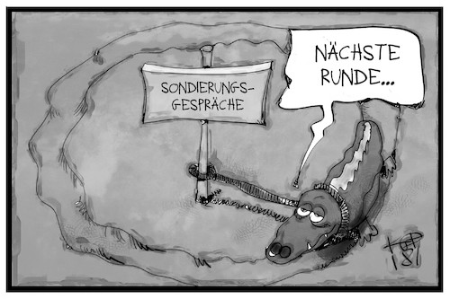 Cartoon: Sondierungsgespräche (medium) by Kostas Koufogiorgos tagged karikatur,koufogiorgos,illustration,cartoon,sondierungsgespraeche,sondierung,groko,krokodil,grokodil,dauer,zeit,runde,politik,regierungsbildung,karikatur,koufogiorgos,illustration,cartoon,sondierungsgespraeche,sondierung,groko,krokodil,grokodil,dauer,zeit,runde,politik,regierungsbildung