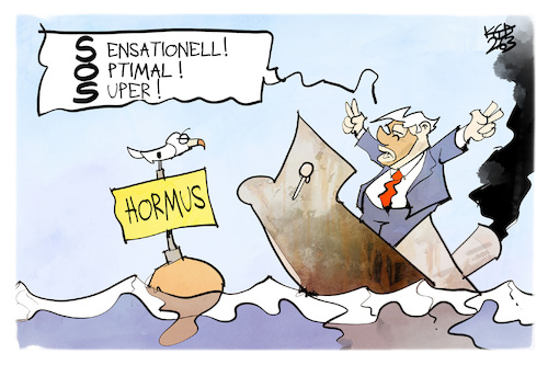 Cartoon: SOS in Hormus (medium) by Kostas Koufogiorgos tagged karikatur,koufogiorgos,sos,trump,untergang,super,sensationell,optimal,hormus,iran,krieg,karikatur,koufogiorgos,sos,trump,untergang,super,sensationell,optimal,hormus,iran,krieg