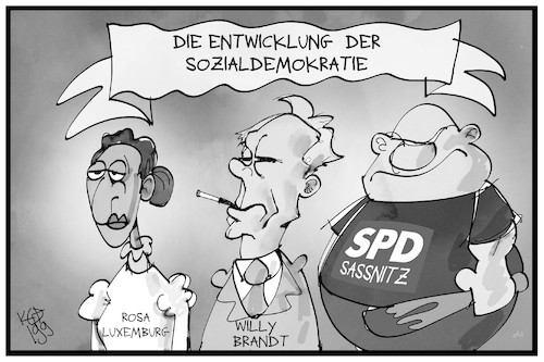 Cartoon: Sozialdemokratie (medium) by Kostas Koufogiorgos tagged karikatur,koufogiorgos,illustration,cartoon,sozialdemokratie,rosa,luxemburg,willy,brandt,neonazi,rechtsextremismus,sassnitz,partei,geschichte,demokratie,karikatur,koufogiorgos,illustration,cartoon,sozialdemokratie,rosa,luxemburg,willy,brandt,neonazi,rechtsextremismus,sassnitz,partei,geschichte,demokratie