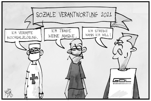 Cartoon: Soziale  Verantwortung 2021 (medium) by Kostas Koufogiorgos tagged karikatur,koufogiorgos,illustration,cartoon,gdl,streik,impfung,maske,verantwortung,karikatur,koufogiorgos,illustration,cartoon,gdl,streik,impfung,maske,verantwortung