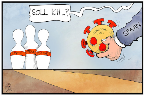 Cartoon: Spahns Kanzler-Ambitionen (medium) by Kostas Koufogiorgos tagged karikatur,koufogiorgos,illustration,cartoon,kanzler,kandidatur,corona,bowling,kegeln,spahn,laschet,merz,röttgen,cdu,bewerbung,ambition,innenpolitik,demokratie,karikatur,koufogiorgos,illustration,cartoon,kanzler,kandidatur,corona,bowling,kegeln,spahn,laschet,merz,röttgen,cdu,bewerbung,ambition,innenpolitik,demokratie