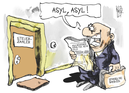 Cartoon: Spanische Banken (medium) by Kostas Koufogiorgos tagged karikatur,wirtschaft,krse,schulden,euro,koufogiorgos,kostas,steuerzahler,geld,bank,spanien,asyl