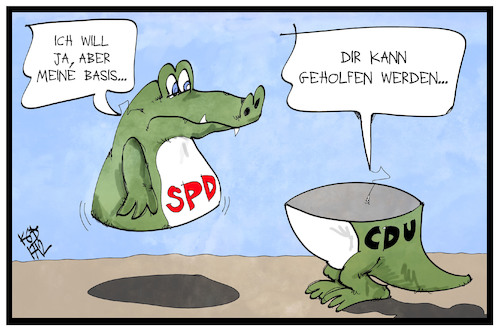 Cartoon: SPD-Basis (medium) by Kostas Koufogiorgos tagged karikatur,koufogiorgos,illustration,cartoon,spd,basis,cdu,groko,krokodil,sozialdemokraten,partei,koalition,regierung,karikatur,koufogiorgos,illustration,cartoon,spd,basis,cdu,groko,krokodil,sozialdemokraten,partei,koalition,regierung