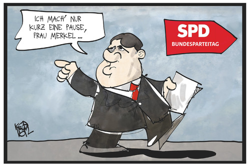 Cartoon: SPD-Parteitag (medium) by Kostas Koufogiorgos tagged karikatur,koufogiorgos,illustration,cartoon,spd,parteitag,gabriel,merkel,vorsitzender,partei,rede,pause,arbeit,karikatur,koufogiorgos,illustration,cartoon,spd,parteitag,gabriel,merkel,vorsitzender,partei,rede,pause,arbeit