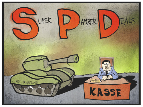 Cartoon: SPD-Rüstungsexporte (medium) by Kostas Koufogiorgos tagged karikatur,koufogiorgos,illustration,cartoon,rüstungsexport,wirtschaft,gabriel,spd,panzer,deal,kasse,verkauf,waffen,politik,karikatur,koufogiorgos,illustration,cartoon,rüstungsexport,wirtschaft,gabriel,spd,panzer,deal,kasse,verkauf,waffen,politik