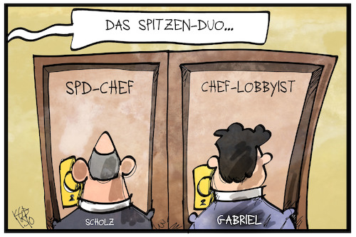 Cartoon: SPD-Spitzenduo (medium) by Kostas Koufogiorgos tagged karikatur,koufogiorgos,illustration,cartoon,spd,scholz,gabriel,lobbyismus,vda,sozialdemokraten,vorsitz,chef,karikatur,koufogiorgos,illustration,cartoon,spd,scholz,gabriel,lobbyismus,vda,sozialdemokraten,vorsitz,chef