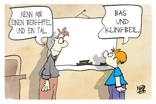 Cartoon: SPD (medium) by Kostas Koufogiorgos tagged karikatur,koufogiorgos,spd,bas,klingbeil,berg,tal,gipfel,karikatur,koufogiorgos,spd,bas,klingbeil,berg,tal,gipfel