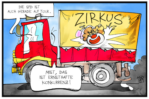 Cartoon: SPD auf Tour (medium) by Kostas Koufogiorgos tagged karikatur,koufogiorgos,illustration,cartoon,spd,sozialdemokraten,zirkus,regionalkonferenz,politik,partei,karikatur,koufogiorgos,illustration,cartoon,spd,sozialdemokraten,zirkus,regionalkonferenz,politik,partei